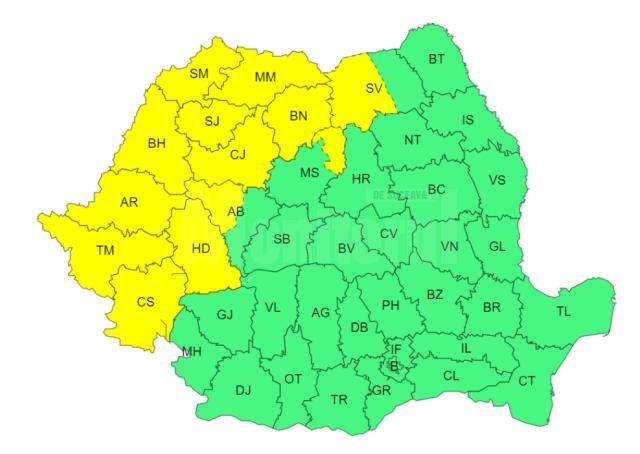 Cod galben de ploi de miercuri dimineață până joi dimineața