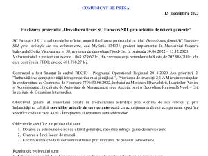 Finalizarea proiectului „Dezvoltarea firmei SC Eurocars SRL prin achiziția de noi echipamente”