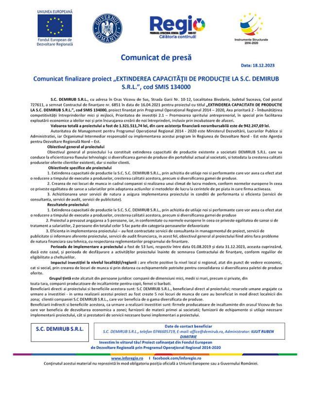 Comunicat finalizare proiect „EXTINDEREA CAPACITĂŢII DE PRODUCŢIE LA S.C. DEMIRUB S.R.L.”, cod SMIS 134000