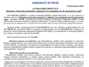 COMUNICAT DE PRESĂ LA FINALIZAREA PROIECTULUI „Demolare construcție existentă C1 (depozit C3) și amplasare loc de joacă pentru copii”