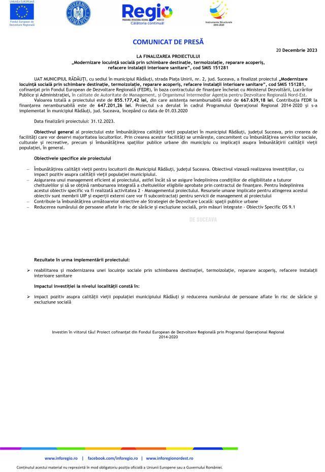 COMUNICAT DE PRESĂ LA FINALIZAREA PROIECTULUI „Modernizare locuință socială prin schimbare destinație, termoizolație, reparare acoperiș, refacere instalaţii interioare sanitare”, cod SMIS 151281