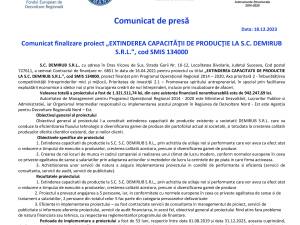 Comunicat finalizare proiect „EXTINDEREA CAPACITĂŢII DE PRODUCŢIE LA S.C. DEMIRUB S.R.L.”, cod SMIS 134000