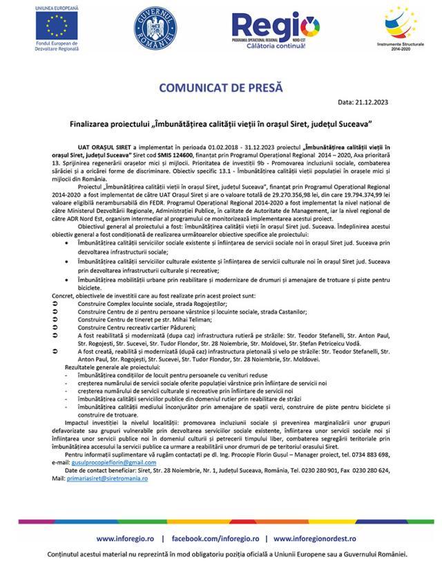 Finalizarea proiectului „Îmbunătățirea calității vieții în orașul Siret, județul Suceava”