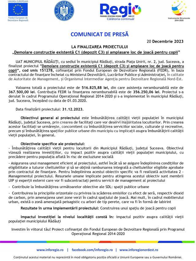 COMUNICAT DE PRESĂ LA FINALIZAREA PROIECTULUI „Demolare construcție existentă C1 (depozit C3) și amplasare loc de joacă pentru copii”