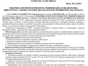 CREȘTEREA EFICIENȚEI ENERGETICE, MODERNIZAREA ȘI REABILITAREA OBIECTIVULUI - ATENEU CULTURAL DIN LOCALITATEA DUMBRĂVENI, JUD. SUCEAVA