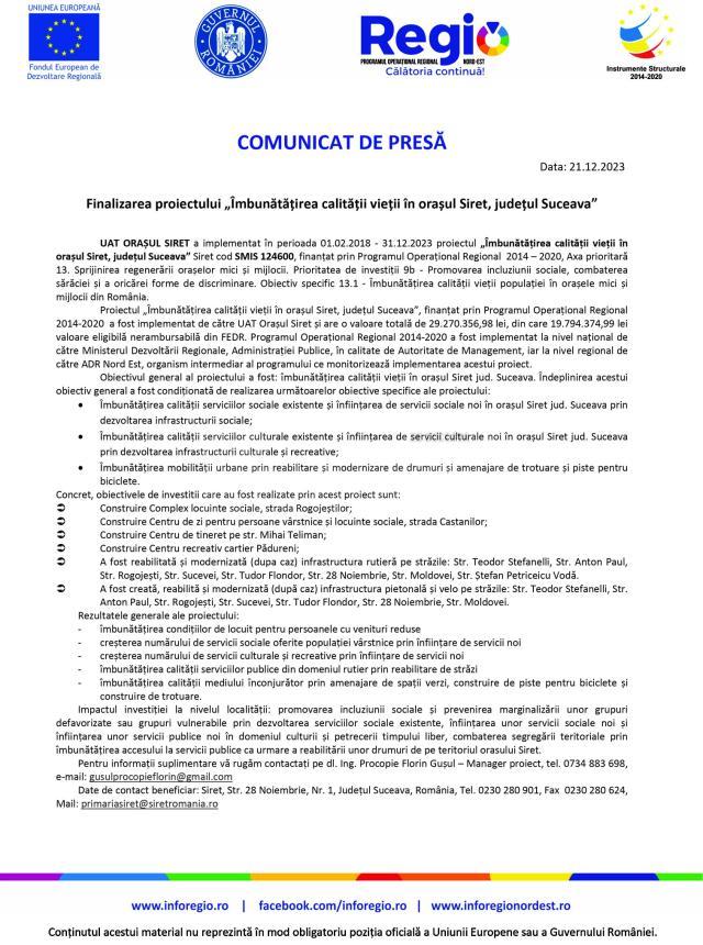 Finalizarea proiectului „Îmbunătățirea calității vieții în orașul Siret, județul Suceava”