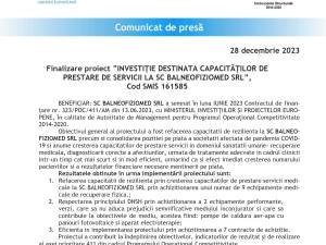 Finalizare proiect ”INVESTIȚIE DESTINATA CAPACITĂȚILOR DE PRESTARE DE SERVICII LA SC BALNEOFIZIOMED SRL”, Cod SMIS 161585