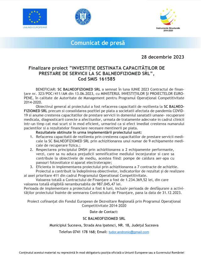 Finalizare proiect ”INVESTIȚIE DESTINATA CAPACITĂȚILOR DE PRESTARE DE SERVICII LA SC BALNEOFIZIOMED SRL”, Cod SMIS 161585