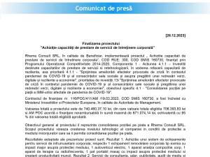 Finalizarea proiectului "Achiziţie capacităţi de prestare de servicii de întreţinere corporală”