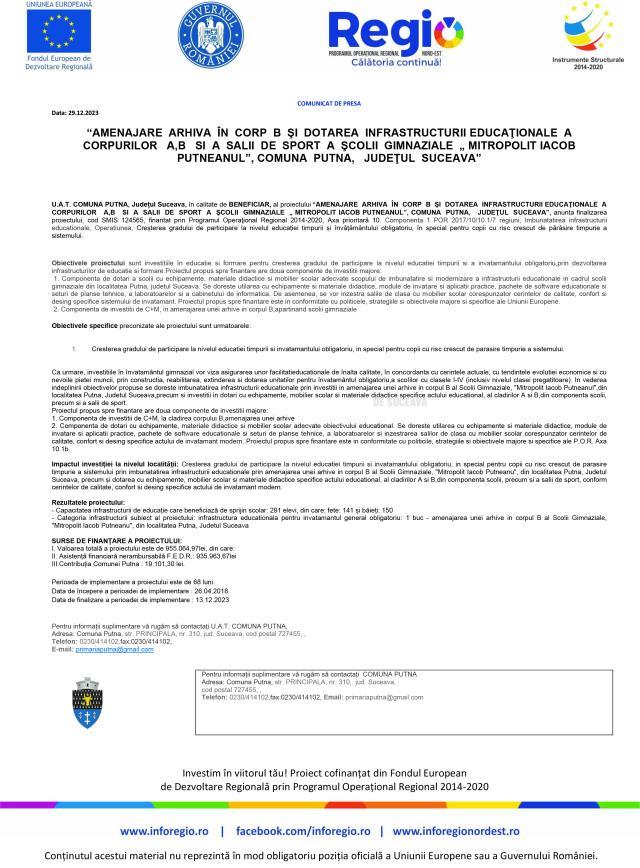 “AMENAJARE ARHIVA ÎN CORP B ŞI DOTAREA INFRASTRUCTURII EDUCAŢIONALE A CORPURILOR A,B SI A SALII DE SPORT A ŞCOLII GIMNAZIALE „ MITROPOLIT IACOB PUTNEANUL”, COMUNA PUTNA, JUDEŢUL SUCEAVA”