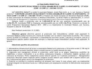 COMUNICAT DE PRESA LA FINALIZAREA PROIECTULUI ”CONSTRUIRE LOCUINTE SOCIALE REGIM P+1E DOUA ANSAMBLURI DE CLADIRE (16 APARTAMENTE) - CF 54324 (CORP 1 SI CORP 2)”, COD SMIS 151279