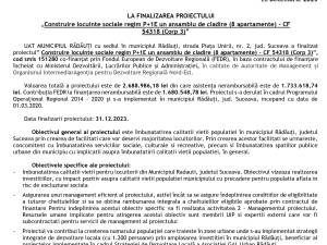 COMUNICAT DE PRESA LA FINALIZAREA PROIECTULUI „Construire locuinte sociale regim P+1E un ansamblu de cladire (8 apartamente) - CF 54318 (Corp 3)”