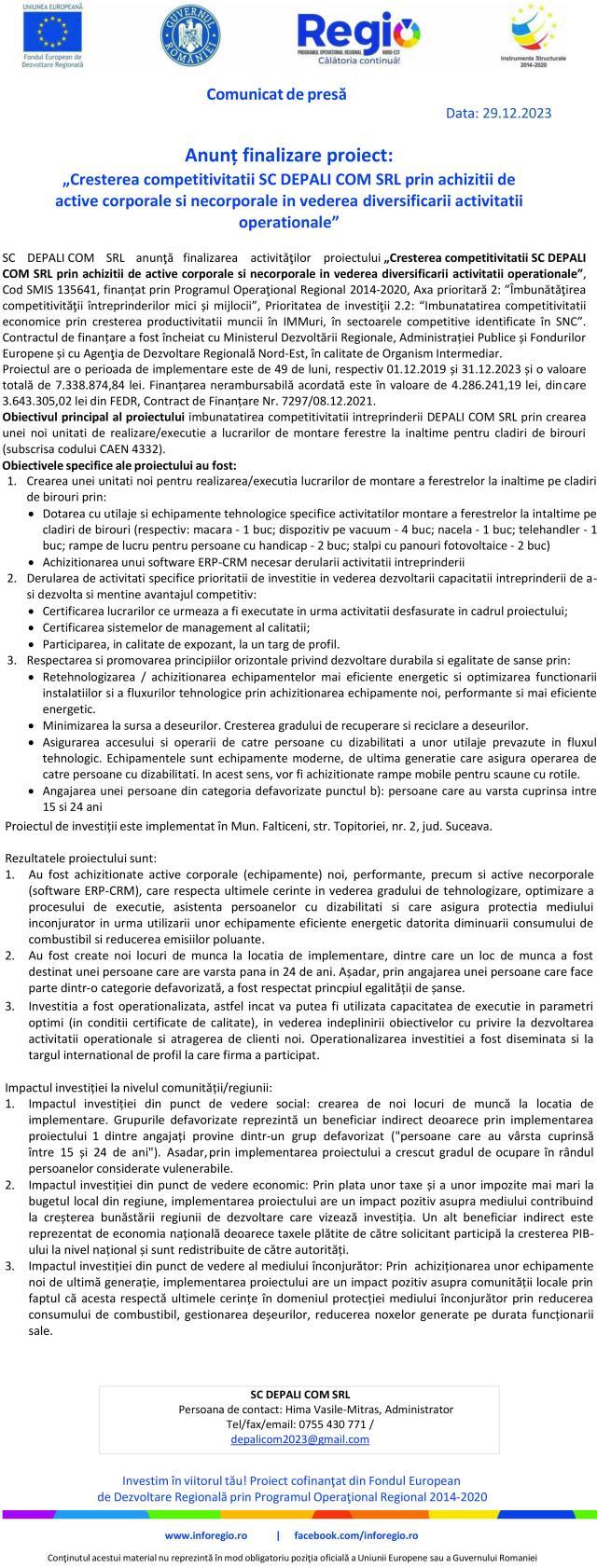 Anunț finalizare proiect: „Cresterea competitivitatii SC DEPALI COM SRL prin achizitii de active corporale si necorporale in vederea diversificarii activitatii operationale”