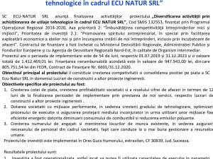 Anunț finalizare proiect: „Diversificarea activității prin achiziționarea de utilaje tehnologice în cadrul ECU NATUR SRL”