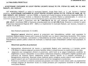 COMUNICAT DE PRESA LA FINALIZAREA PROIECTULUI „ ACHIZITIONARE CONTAINERE DE LOCUIT PENTRU LOCUINTE SOCIALE PE STR. STEFAN CEL MARE, NR. 53, MUN. RADAUTI, JUD. SUCEAVA”