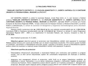 COMUNICAT DE PRESA LA FINALIZAREA PROIECTULUI “DEMOLARE CONSTRUCTII EXISTENTE C1, C2 (PAVILION ADMINISTRATIV C1, GHERETA SANTINELA C5) SI CONSTRUIRE GRADINITA CU PROGRAM NORMAL, BRANSARE LA UTILITATI”