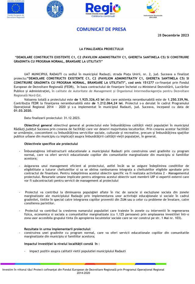 COMUNICAT DE PRESA LA FINALIZAREA PROIECTULUI “DEMOLARE CONSTRUCTII EXISTENTE C1, C2 (PAVILION ADMINISTRATIV C1, GHERETA SANTINELA C5) SI CONSTRUIRE GRADINITA CU PROGRAM NORMAL, BRANSARE LA UTILITATI”