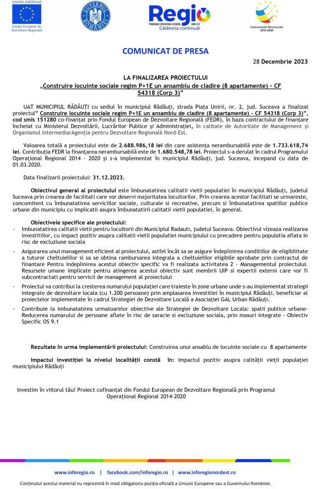 COMUNICAT DE PRESA LA FINALIZAREA PROIECTULUI „Construire locuinte sociale regim P+1E un ansamblu de cladire (8 apartamente) - CF 54318 (Corp 3)”