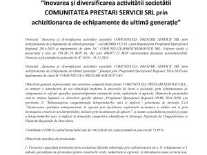 “Inovarea și diversificarea activitătii societătii COMUNITATEA PRESTARI SERVICII SRL prin achizitionarea de echipamente de ultimă generație”