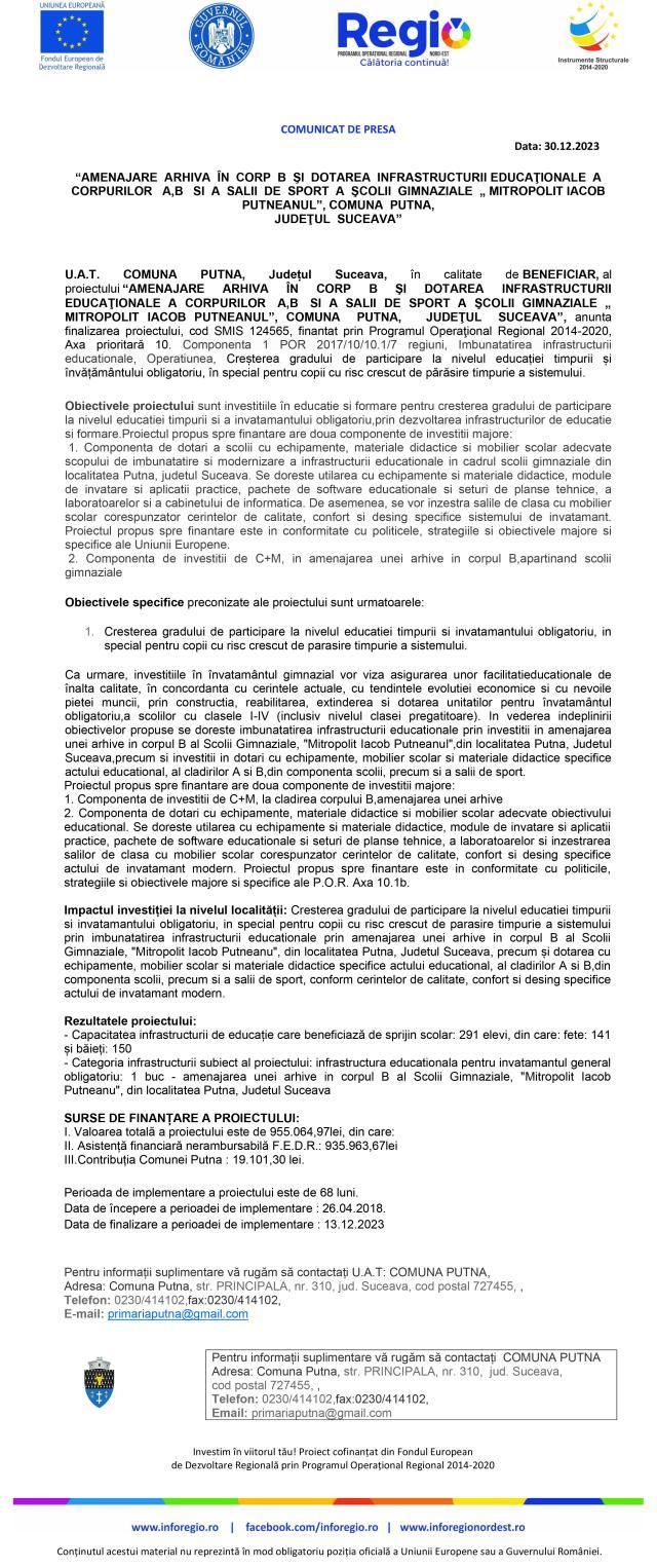 “AMENAJARE ARHIVA ÎN CORP B ŞI DOTAREA INFRASTRUCTURII EDUCAŢIONALE A CORPURILOR A,B SI A SALII DE SPORT A ŞCOLII GIMNAZIALE „ MITROPOLIT IACOB PUTNEANUL”, COMUNA PUTNA, JUDEŢUL SUCEAVA”