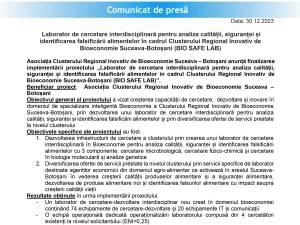 Laborator de cercetare interdisciplinară pentru analiza calității, siguranței și identificarea falsificării alimentelor în cadrul Clusterului Regional Inovativ de Bioeconomie Suceava-Botoșani (BIO SAFE LAB)