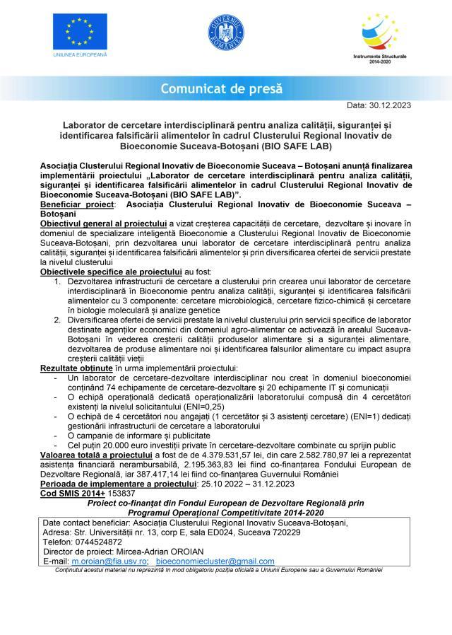 Laborator de cercetare interdisciplinară pentru analiza calității, siguranței și identificarea falsificării alimentelor în cadrul Clusterului Regional Inovativ de Bioeconomie Suceava-Botoșani (BIO SAFE LAB)