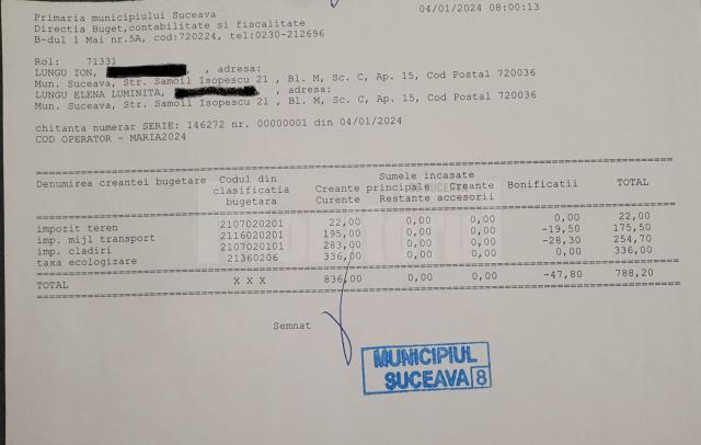 Ion Lungu: „Am achitat azi, cu chitanța nr. 1, taxele și impozitele locale aferente anului 2024 la Primăria Municipiului Suceava”