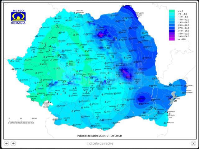 Temperaturile minime resimtite marți, 9 ianuarie - sursa ANM