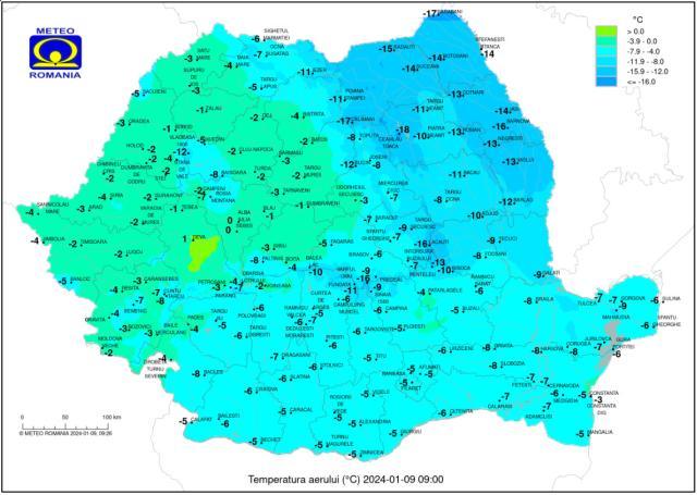 Temperaturile înregistrate marți, 9 ianuarie 2024 - sursa ANM