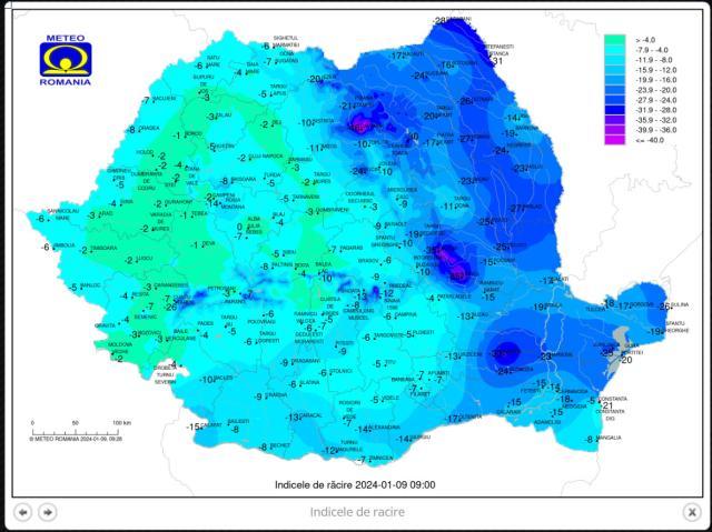 Temperaturile minime resimțite marți, 9 ianuarie - sursa ANM