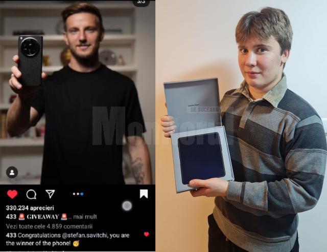 Ștefan Savițchi, din Gura Humorului, câștigătorul telefonului oferit de fotbalistul croat Ivan Rakitic pe platforma 433