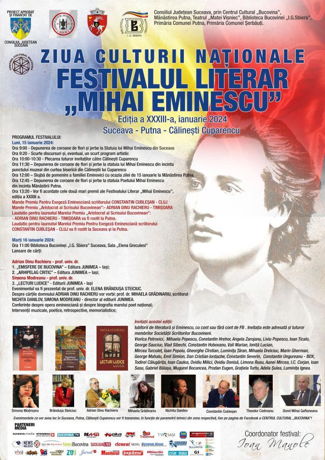 Festivalul Literar „Mihai Eminescu”, ediţia a XXXIII-a, la Suceava, Putna, Călinești-Cuparencu