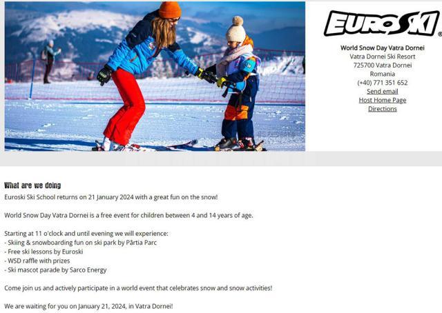 Ziua Mondială a Zăpezii (World Snow Day), duminică, pe Pârtia „Parc” din Vatra Dornei