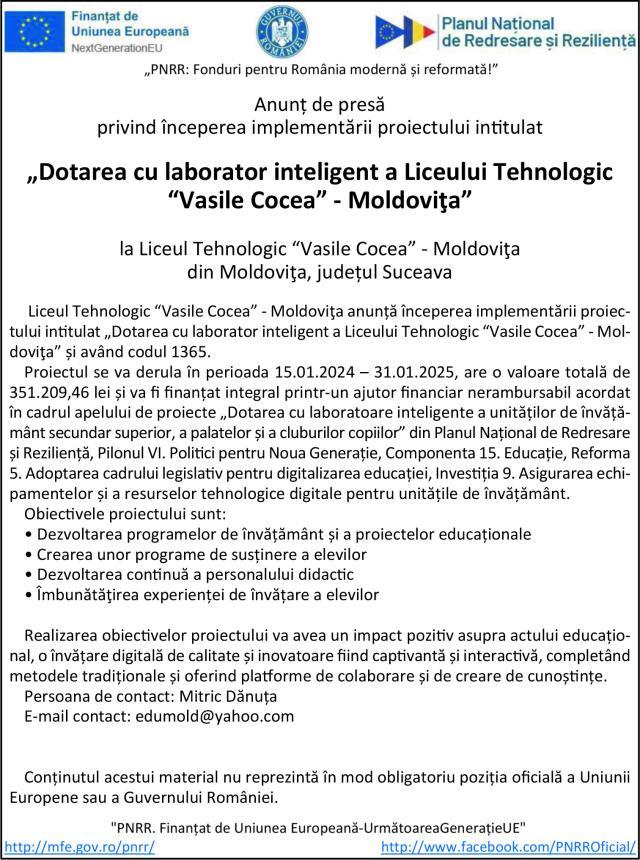 „Dotarea cu laborator inteligent a Liceului Tehnologic “Vasile Cocea” - Moldoviţa”