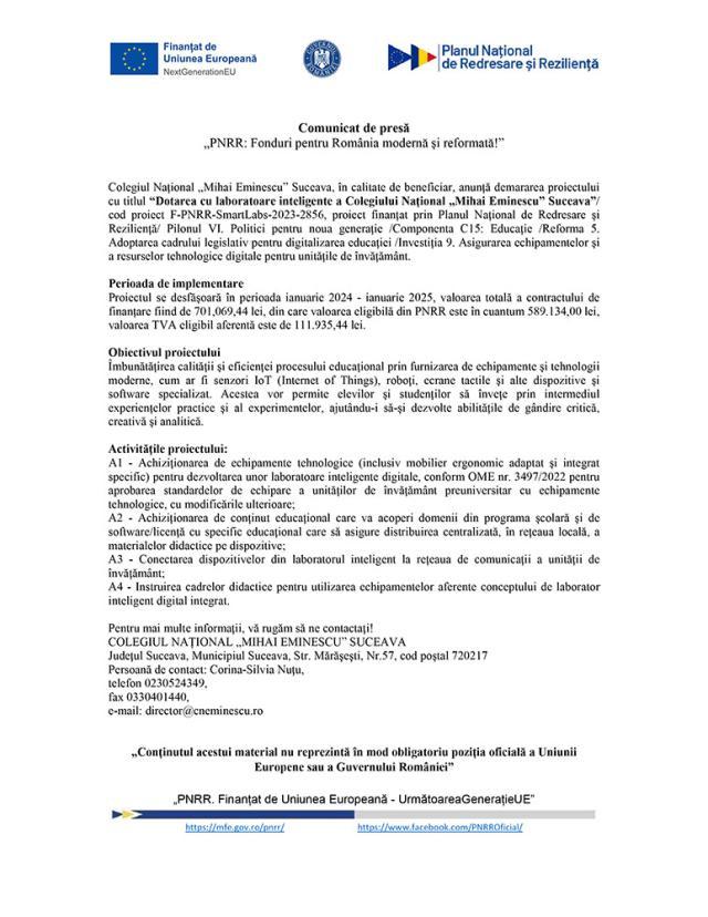 „PNRR: Fonduri pentru România modernă și reformată!” - “Dotarea cu laboratoare inteligente a Colegiului Național „Mihai Eminescu” Suceava”