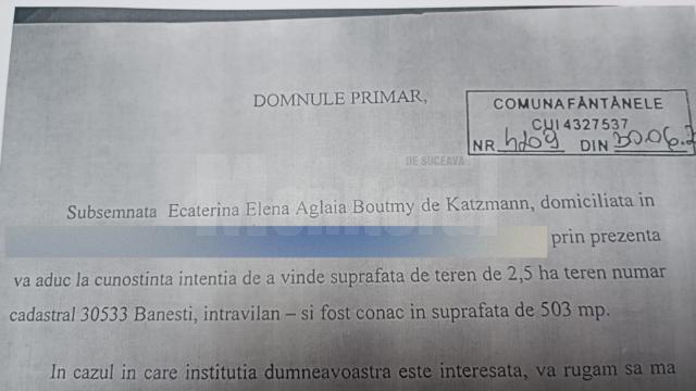 Adresa depusă la Primăria Fântânele