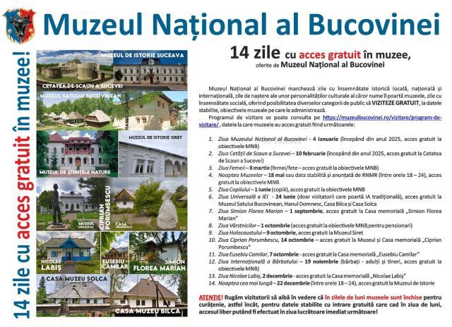 14 zile cu acces gratuit la obiectivele culturale administrate de Muzeul Național al Bucovinei