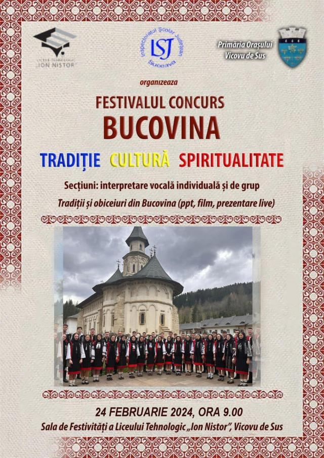 Înscrieri la Festivalul-concurs „Bucovina – tradiţie, cultură, spiritualitate”, până pe 15 februarie