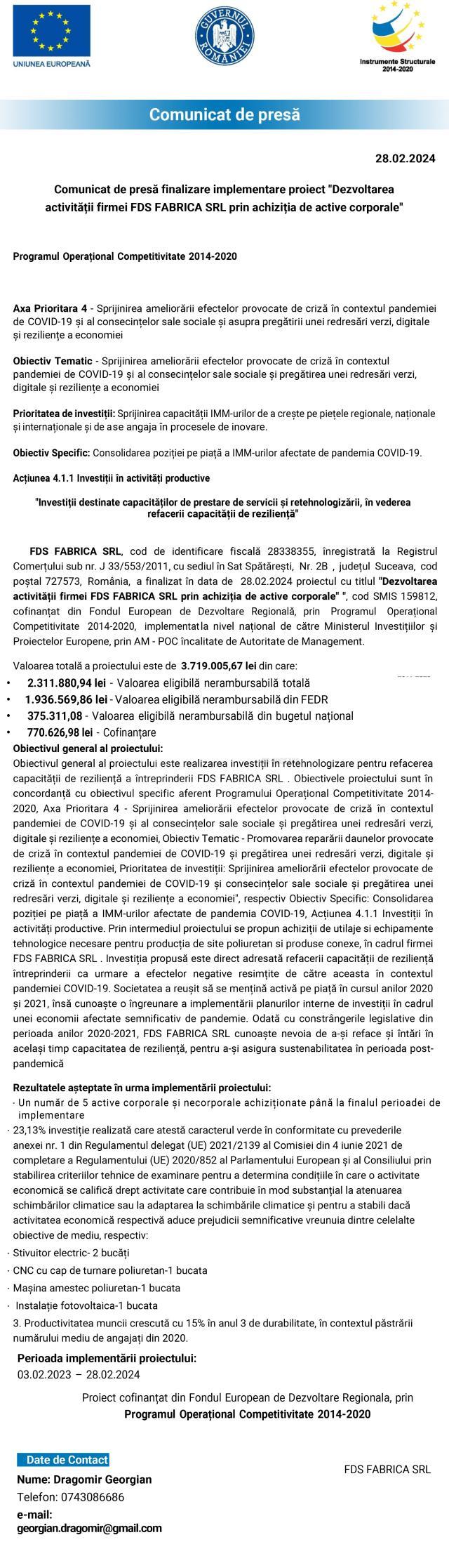 Comunicat de presă finalizare implementare proiect "Dezvoltarea activității firmei FDS FABRICA SRL prin achiziția de active corporale"