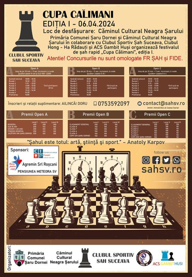 Concurs de șah rapid „Cupa Călimani”, în luna aprilie, la Neagra Șarului