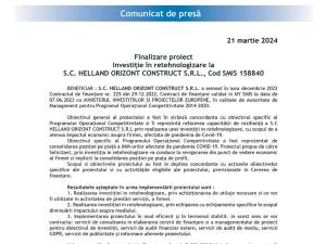 Finalizare proiect Investiție în retehnologizare la S.C. HELLAND ORIZONT CONSTRUCT S.R.L., Cod SMIS 158840