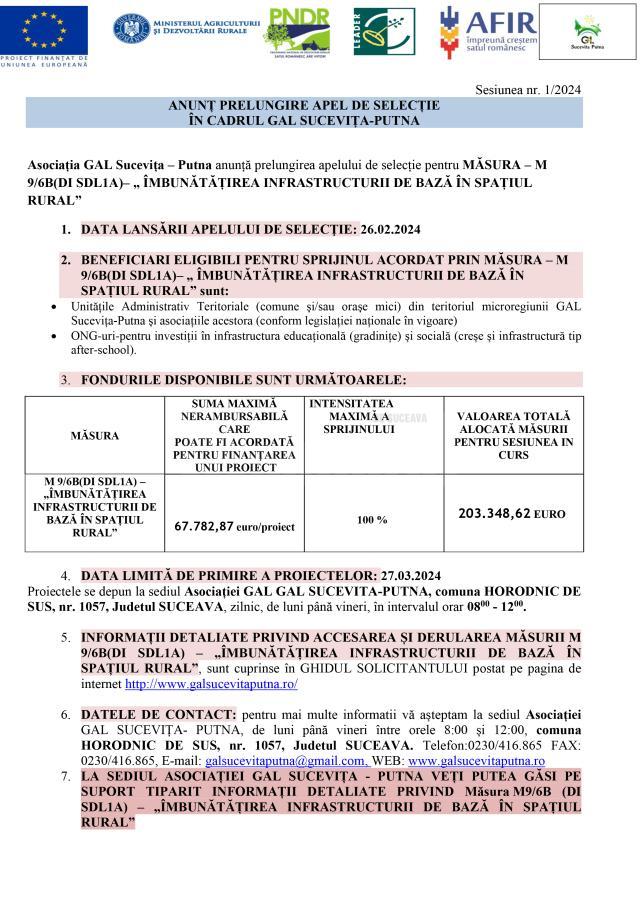 ANUNȚ PRELUNGIRE APEL DE SELECȚIE ÎN CADRUL GAL SUCEVIȚA - PUTNA - „ ÎMBUNĂTĂȚIREA INFRASTRUCTURII DE BAZĂ ÎN SPAȚIUL RURAL”