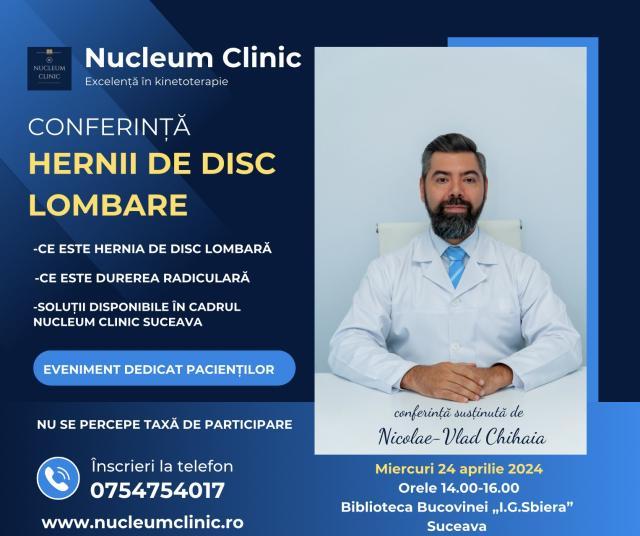 Conferința „Hernii de disc lombare”, adresată publicului larg, la Biblioteca Bucovinei „I.G. Sbiera”