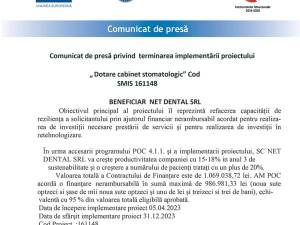 Comunicat de presă privind terminarea implementării proiectului „Dotare cabinet stomatologic” Cod SMIS 161148