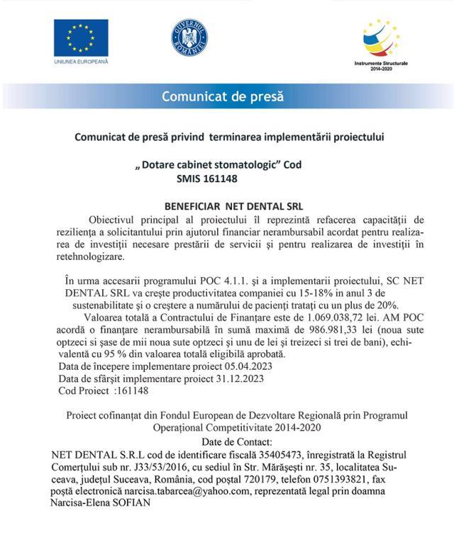 Comunicat de presă privind terminarea implementării proiectului „Dotare cabinet stomatologic” Cod SMIS 161148