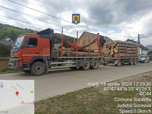 Autotren de 60.000 de euro, confiscat de polițiști după un transport de lemn efectuat fără pornirea acestuia în aplicația oficială SUMAL