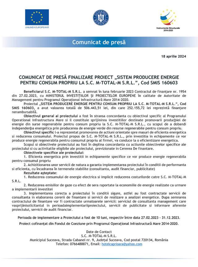 COMUNICAT DE PRESĂ FINALIZARE PROIECT „SISTEM PRODUCERE ENERGIE PENTRU CONSUM PROPRIU LA S.C. M-TOTAL-M S.R.L.”, Cod SMIS 160603