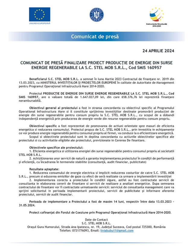 COMUNICAT DE PRESĂ FINALIZARE PROIECT PRODUCȚIE DE ENERGIE DIN SURSE ENERGIE REGENERABILE LA S.C. STEL MOB S.R.L., Cod SMIS 160957