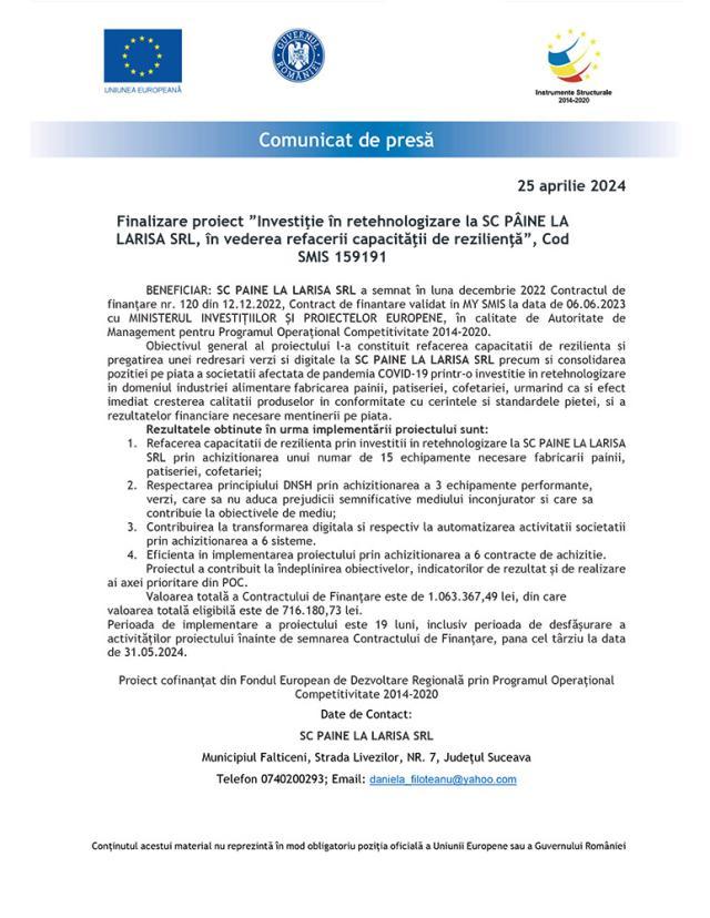 Finalizare proiect ”Investiţie în retehnologizare la SC PÂINE LA  LARISA SRL, în vederea refacerii capacităţii de rezilienţă”, Cod SMIS 159191