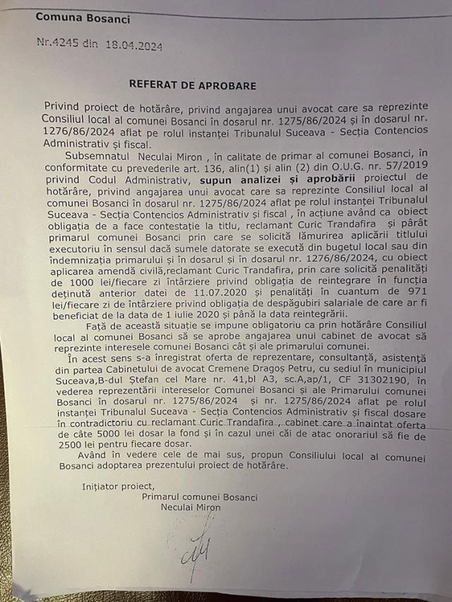 Referatul de aprobare pentru angajarea unui avocat, inițiat și semnat de Neculai Miron